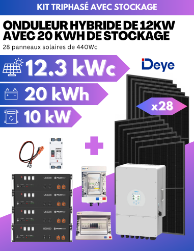 Kit solaire autoconsommation avec stockage Triphasé - 12.3kWc PV - 20kWh de stockage - 10kW AC -  Deye  | SoluSun