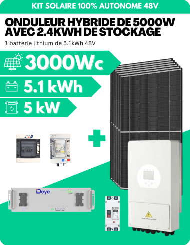 Kit solaire 3000W avec batterie 5 kWh - Onduleur hybride 5000 W -    | SoluSun