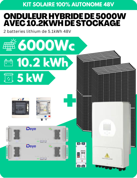 Kit solaire 6000W avec batterie 10 kWh - Onduleur hybride 5000 W -    | SoluSun