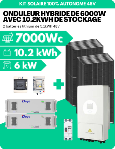 Kit solaire 7000W avec batterie 10 kWh - Onduleur hybride 6000 W -    | SoluSun