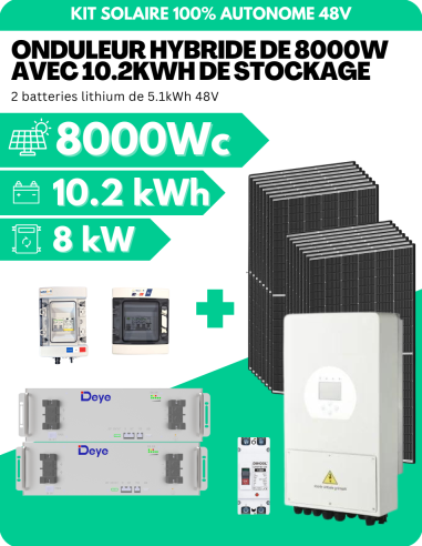 Kit solaire 8000W avec batterie 10 kWh - Onduleur hybride 8000 W -    | SoluSun