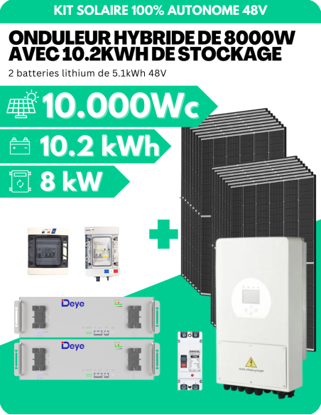 Kit solaire 10000W avec batterie 10 kWh - Onduleur hybride 8000 W -    | SoluSun