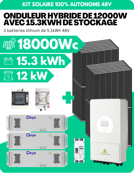 Kit solaire 18000W avec batterie 15 kWh - Onduleur hybride 12000 W -    | SoluSun