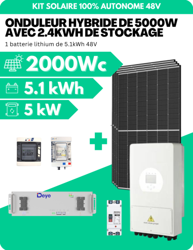 Kit solaire 2000W avec batterie 5 kWh - Onduleur hybride 5000 W -    | SoluSun