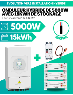 Kit d'évolution installation réseau vers installation hybride 5000W avec 15kWh de stockage lithium - MONOPHASÉ -  Deye  | SoluSu