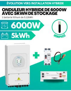 Kit d'évolution installation réseau vers installation hybride 6000W avec 5kWh de stockage lithium - MONOPHASÉ -  Deye  | SoluSun
