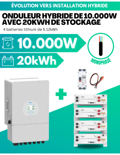 Kit d'évolution installation réseau vers installation hybride 10.000W avec 20kWh de stockage lithium - MONOPHASÉ -  Deye  | Solu