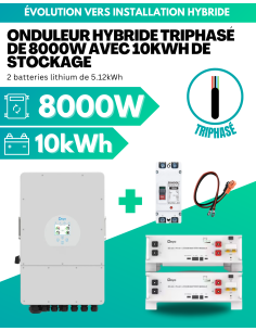 Kit d'évolution installation réseau vers installation hybride 8000W avec 10kWh de stockage lithium - TRIPHASÉ -  Deye  | SoluSun