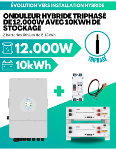Kit d'évolution installation réseau vers installation hybride 12.000W avec 10kWh de stockage lithium - TRIPHASÉ -  Deye  | SoluS