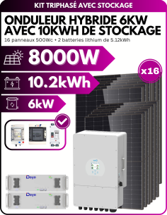 Kit solaire autoconsommation avec stockage Triphasé - 8kWc PV - 10kWh de stockage - 6kW AC -  Deye  | SoluSun