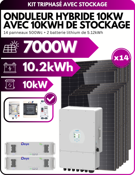 Kit solaire autoconsommation avec stockage Triphasé - 7kWc PV - 10kWh de stockage - 10kW AC -  Deye  | SoluSun
