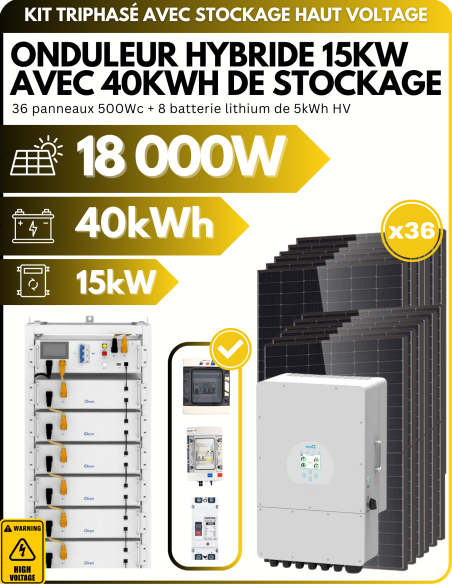 Kit solaire autoconsommation avec stockage Triphasé - 18kWc PV - 40kWh de stockage HV - 15kW AC -  Deye  | SoluSun