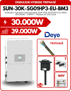 Onduleur hybride triphasé Deye SUN-30K-SG01HP3-EU-BM3 30.000W - 3 MPPT - Réseau et Site isolé -  Deye  | SoluSun