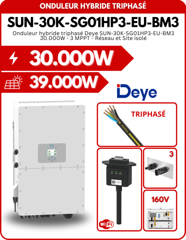 Onduleur hybride triphasé Deye SUN-30K-SG01HP3-EU-BM3 30.000W - 3 MPPT - Réseau et Site isolé -  Deye  | SoluSun