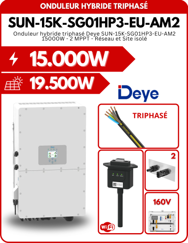 Onduleur hybride triphasé Deye SUN-15K-SG01HP3-EU-AM2 15000W - 2 MPPT - Réseau et Site isolé -  Deye  | SoluSun