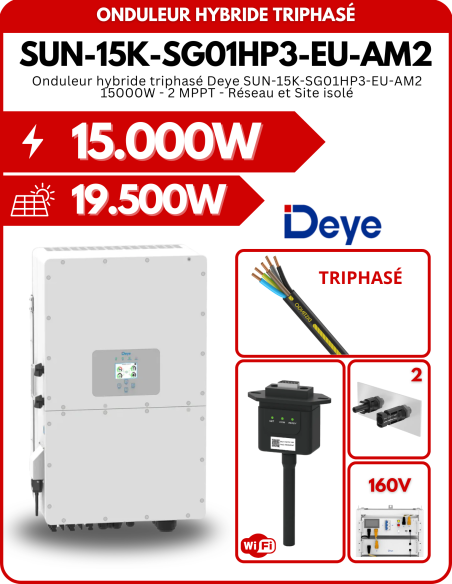 Onduleur hybride triphasé Deye SUN-15K-SG01HP3-EU-AM2 15000W - 2 MPPT - Réseau et Site isolé -  Deye  | SoluSun