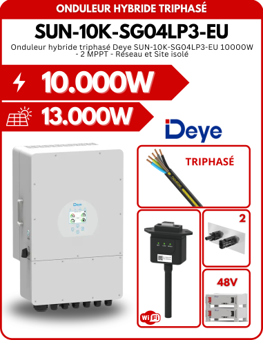 Onduleur hybride triphasé Deye SUN-10K-SG04LP3-EU 10000W - 2 MPPT - Réseau et Site isolé -  Deye  | SoluSun