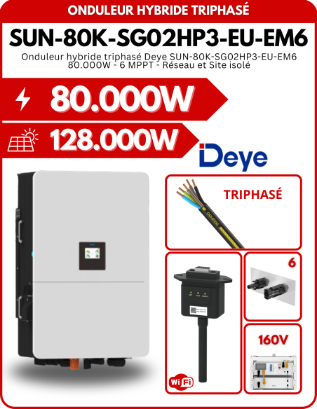 Onduleur hybride triphasé Deye SUN-80K-SG02HP3-EU-EM6 80.000W - 6 MPPT - Réseau et Site isolé -  Deye  | SoluSun