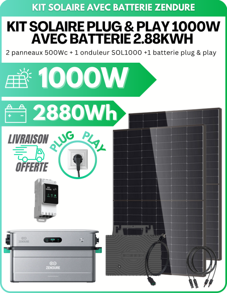 Kit Solaire 1000 Wc Plug & Play avec Batterie Zendure 2,88 kWh - Gestion des coupures de courant intégré -  Zendure  | SoluSun
