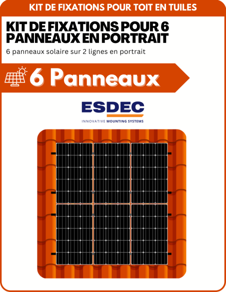 Kit de Fixation 6 panneaux solaires pour toit en tuile sur 2 lignes | Orientation : Portrait -  ESDEC  | SoluSun