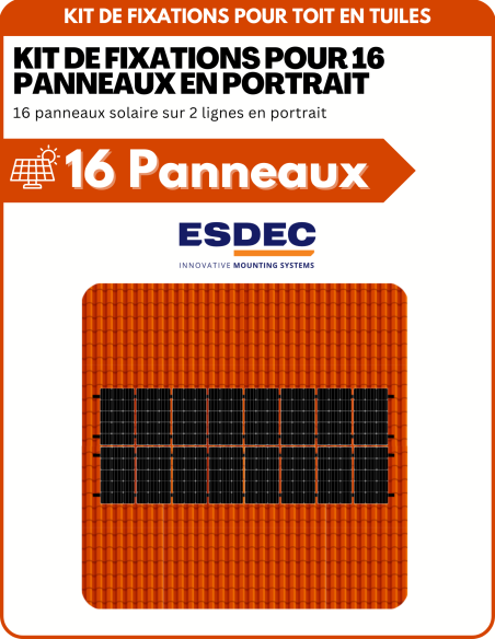 Kit de Fixation 16 panneaux solaires pour toit en tuile sur 2 lignes | Orientation : Portrait -  ESDEC  | SoluSun