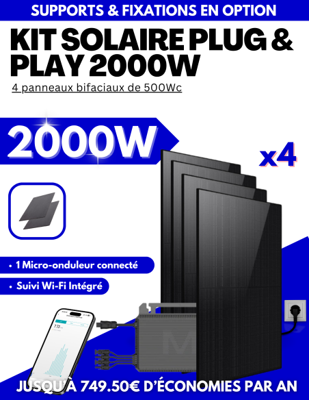 Kit solaire Plug & Play 2000W - 4 panneaux bifaciaux - Suivi WIFI intégré - 1 onduleur -  Solu'Sun  | SoluSun