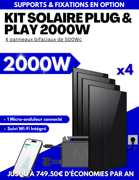 Kit solaire Plug & Play 2000W - 4 panneaux bifaciaux - Suivi WIFI intégré - 1 onduleur -  Solu'Sun  | SoluSun