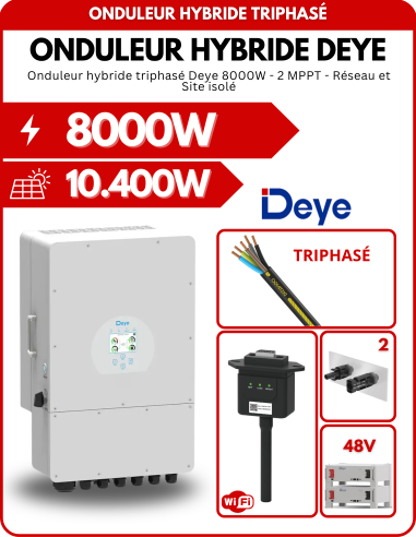 Onduleur hybride triphasé Deye SUN-8K-SG04LP3-EU 8000W - 2 MPPT - Réseau et Site isolé -  Deye  | SoluSun