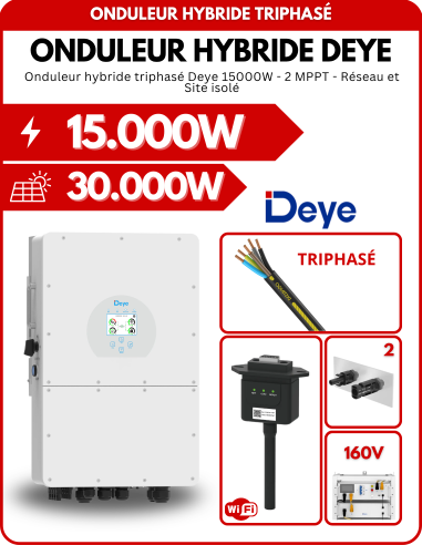 Onduleur hybride triphasé Deye SUN-15K-SG01HP3-EU-AM2 15000W - 2 MPPT - Réseau et Site isolé -  Deye  | SoluSun