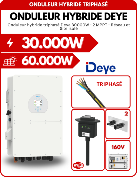 Onduleur hybride triphasé Deye SUN-30K-SG01HP3-EU-BM3 30.000W - 3 MPPT - Réseau et Site isolé -  Deye  | SoluSun