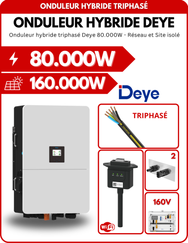 Onduleur hybride triphasé Deye SUN-80K-SG02HP3-EU-EM6 80.000W - 6 MPPT - Réseau et Site isolé -  Deye  | SoluSun