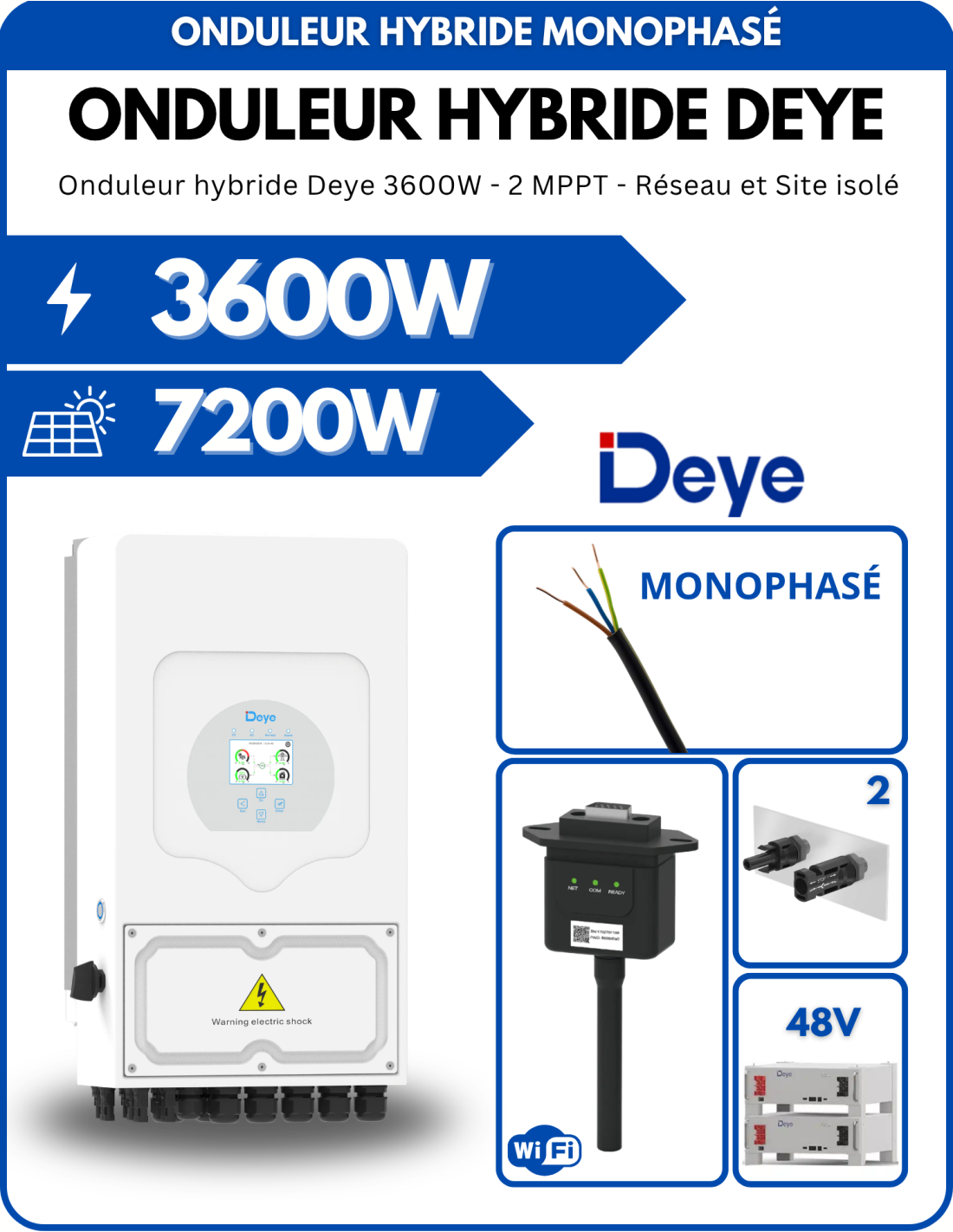 Onduleur hybride Deye SUN-3.6K-SG05LP1-EU-AM2-P 3600W - 2 MPPT - Réseau et Site isolé